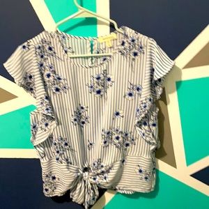 White and blue striped flower shirt